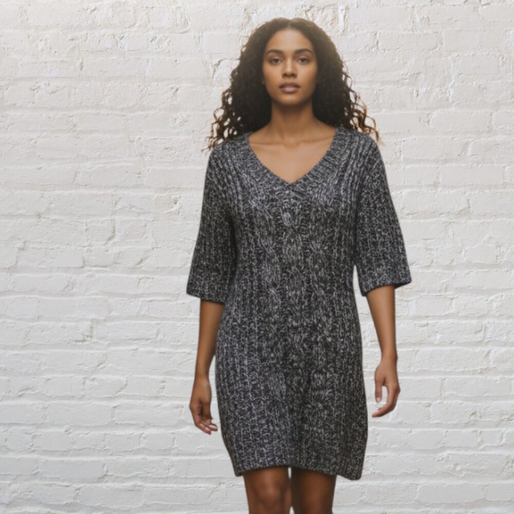 GERI C -- Mini Sweater Dress, Long Sweater, Gray Cable-Knit, Elbow Length Sleeve